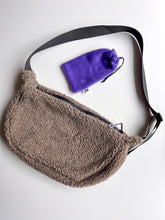 Load image into Gallery viewer, Taupe Crescent Bag- deep purple liner
