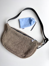 Load image into Gallery viewer, Taupe Crescent Bag- baby blue liner
