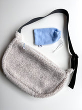 Load image into Gallery viewer, Sherpa Crescent Bag- baby blue liner
